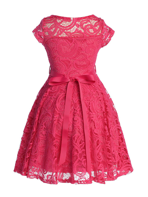 Big Girls Fuchsia Lace Glitter Stone Belt Special Occasion Skater Dress 8-14 - SophiasStyle.com